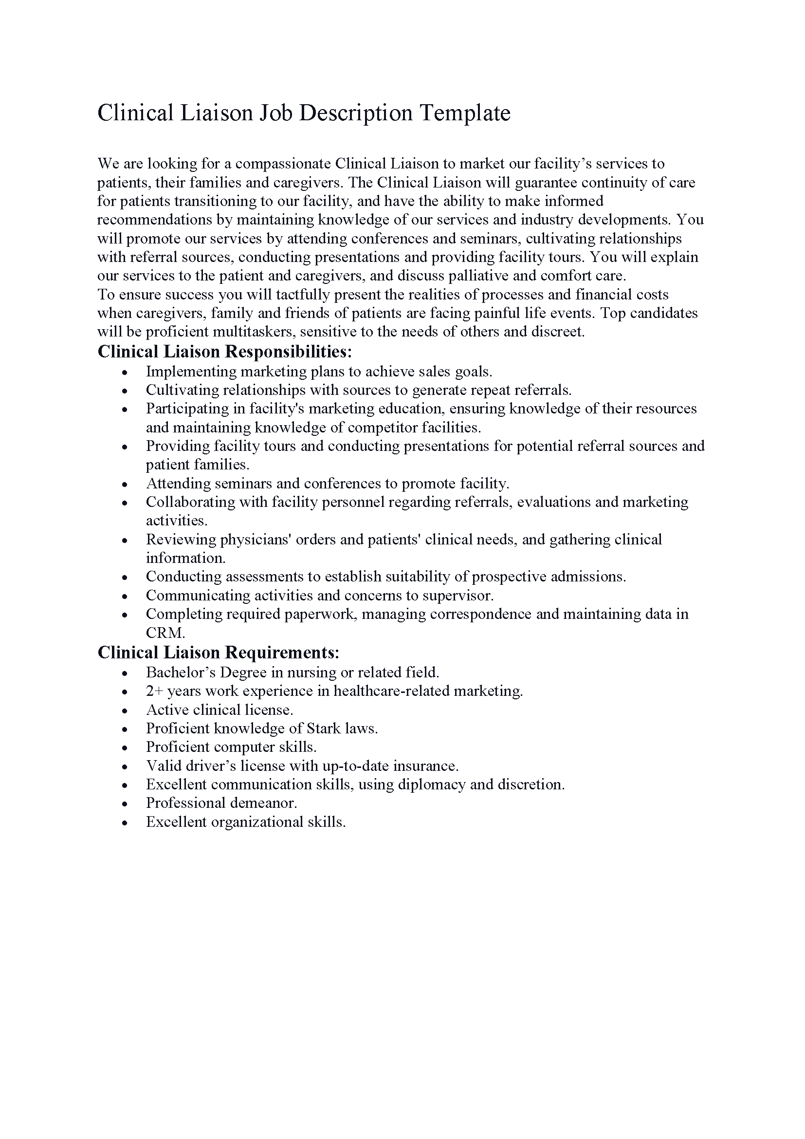 Clinical Liaison Job Description Template